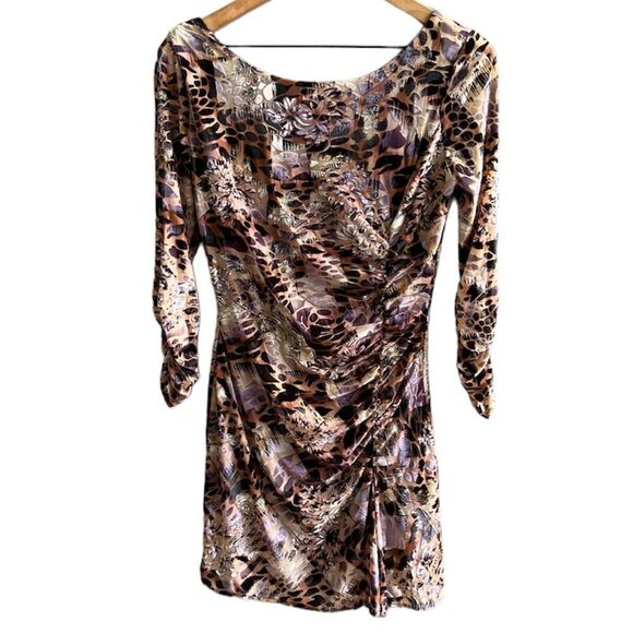 Alberto Makali Velvet Ruched Mini Dress Leopard Print Long Sleeve Size Small - Picture 1 of 12